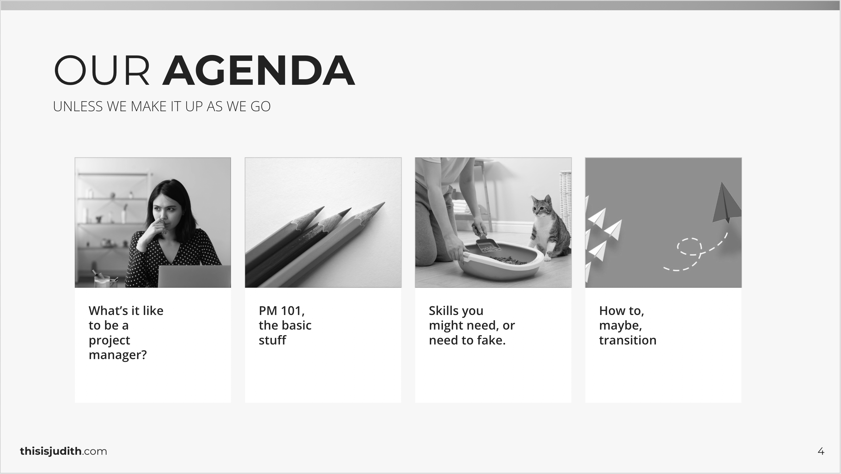 Slide deck page with an agenda on it